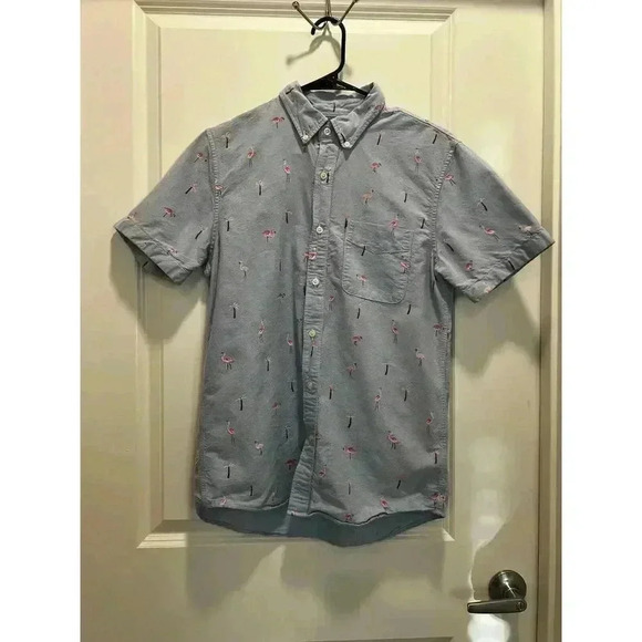 American Eagle Short Sleeve ButtonUp Flamingo Shirt Sz S Blue Pink Cotton (0189) - Picture 2 of 8